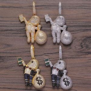 Petite taille de haute qualité en laiton CZ pierres dessin animé hommes sac d'argent collier Hip hop pendentif bijoux Bling Bling glacé CN199 Y1220332a