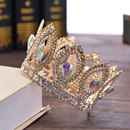 Tiaras de corona de flores de cristal dorado barroco de lujo de tamaño pequeño para mujeres AB Rhinestone Tiaras para niñas novia boda joyería para el cabello 211F