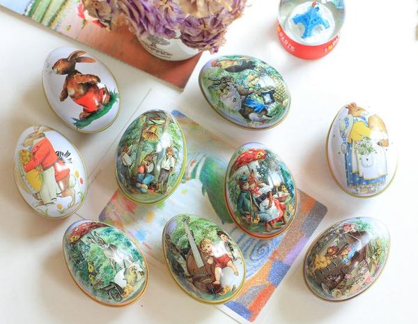 Tamaño pequeño Lata Huevos de Pascua en forma de caja de dulces Caja de hojalata Conejito de Pascua Chick Impresión Aleación Metal Baratija Favor de fiesta SN2939