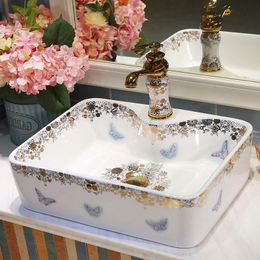 Petit bassin carré lavabo Jingdezhen Art céramique lavabo vasque Éviers Comptoir Lavabos de salle de bains lavabo Lktbt