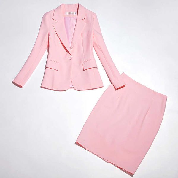 Terno pequeno saia de duas peças roupas de trabalho entrevista roupas femininas blazer feminino rosa magro de alta qualidade elegante 210527