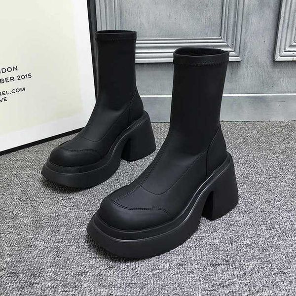 Botas finas elásticas de tacón alto y grueso para mujer, tubo de plataforma impermeable Martin, verano, versátil, estilo inglés, corto, 230830