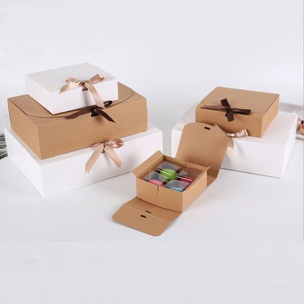 Boîte-cadeau de pâtisserie en carton de papier kraft brun blanc avec couvercle rabattable de petite à grande taille avec nœud papillon pour emballage cadeau de Noël Boîtes à macarons