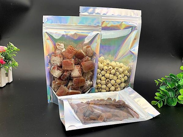 Tamaños pequeños a grandes Bolsa holográfica con holograma Bolsa de pie transparente Raibow Plástico resellable Cerradura para venta al por menor Embalaje Cierre con cremallera Bolsas Mylar Embalaje