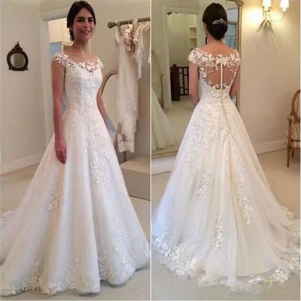 Petite robe de mariée traînante dentelle grande taille mode rétro une épaule profonde V robe de mariée2283