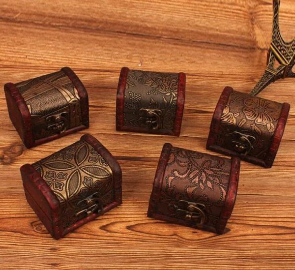 Petites boîtes à bibelots vintage Boîte de rangement de bijoux en bois Coffre au trésor Case Home Craft Decor
