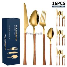 Forma de cintura pequeña 16 piezas de juego de vajilla con mango cuadrado de grano de madera Vajilla de plata dorada Cuchillo Postre Tenedor Cuchara Juego de cubiertos HKD230812