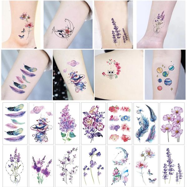 Petite étagère temporaire étanche temporaire fleur de plumes colorée feuilles planète lune femmes art du corps au poignet faux tatouages hommes 240423