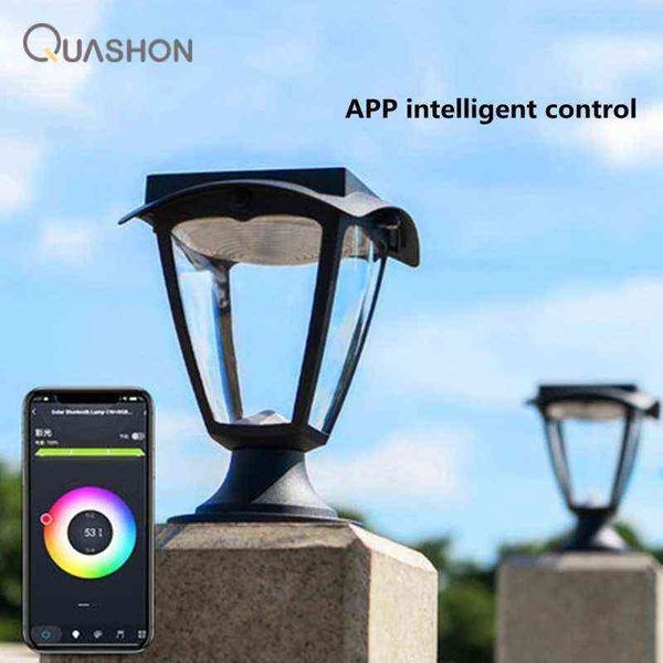 Smart App Control Solaire LED Lumière Pilier Extérieur Lumières Colonne Lampes Tête Décorative Maison Porte Colonne Mur Villa Cour Lampe J220531