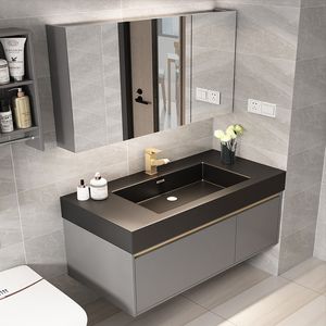 Combinación de mueble de baño inteligente, moderno, minimalista, ligero, lujoso, roca, pizarra, mármol, tocador, lavabo, espejo, armario, material Nano rock, compatible con 110 V / 220 V