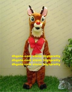 Smart Brown Deer Rendeer Mascot Mascot Costume mascotte Cerf Caribou Rangifer With Big Red Bow Bell Small Bell Adult No.1774 Navire gratuit