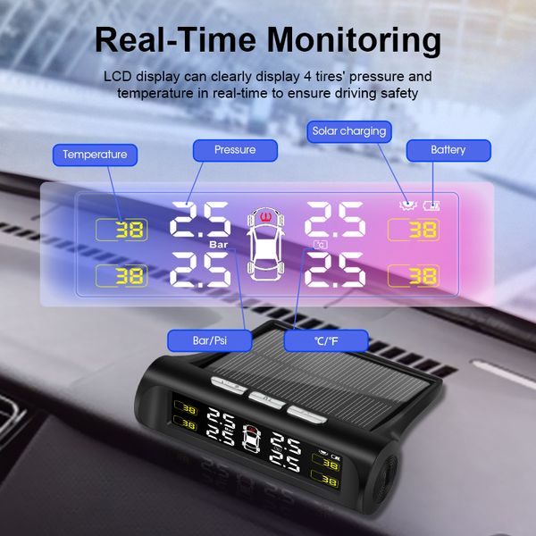 Smart Car TPMS Sistema de monitoreo de presión de neumáticos Energía solar Pantalla LCD digital Sistemas de alarma de seguridad para automóviles Presión de neumáticos