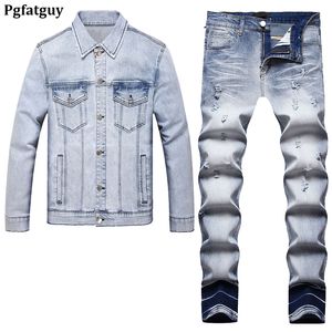 Smart Casual 2-delige jeanssets voor heren Eenvoudige stretch Spijkerjas en broek met lange mouwen Lente Lichtblauw Slim-fit Alledaagse kleding