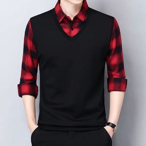 Smart Casual Formal Men Polo Polo Fake Two Two Plaid Street Vintage Male Vintage Male Spring Automne Fashion Business à manches longues Tops 240418