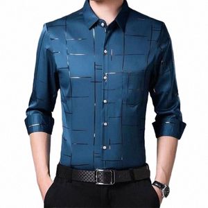 Smart Casual Hommes Nouveau Mince Plaid Lisse Chemises Lg Manches Revers Printemps Automne Vêtements Kore Mâle Lâche Busin Fi Tops E5JC #