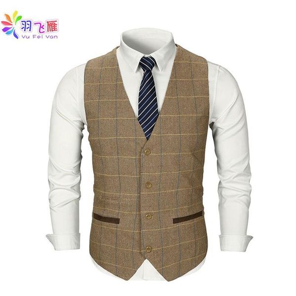 Smart Casual Mannen Vest Pak Bruin Tweed Vest Slim Fit Britse Stijl Katoen Sing Breasted Geruite Trouwjurk Vest Suit280d