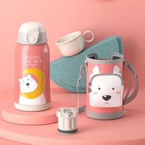 Vasos de agua termos inteligentes para niños, vaso de acero inoxidable 316 con soporte bonito de dibujos animados para niños con tazas de paja de oso de alto valor