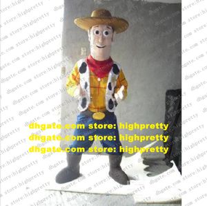 Slimme kleurrijke cowboy Woody mascottekostuum mascotte jonge man volwassene met geel T-shirt blauwe broek zwarte laarzen No.868