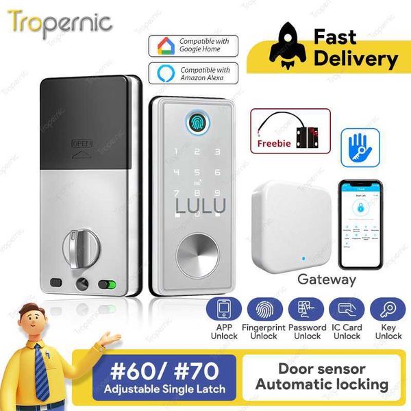 Cerraduras de cerrojo inteligentes para puerta de entrada Alexa WiFi TTlock App Biométrica Huella digital Entrada sin llave Cerradura de puerta con teclado con puerta de enlace HKD230824