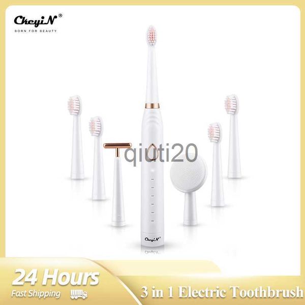 cepillo de dientes eléctrico inteligente CkeyiN 3 en 1 Cepillo de dientes eléctrico ultrasónico Cuidado bucal Limpiador de dientes Cepillo de limpieza facial Masajeador de elevación Blanqueamiento Cepillos suaves x0804