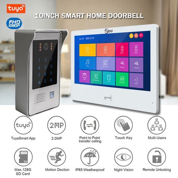 Smart Home-Monitor WiFi de 10 pulgadas, 1080P, teclado/tarjeta RFID, aplicación para teléfono inteligente, desbloqueo, visión nocturna, Control de acceso al hogar, sistema de videoportero