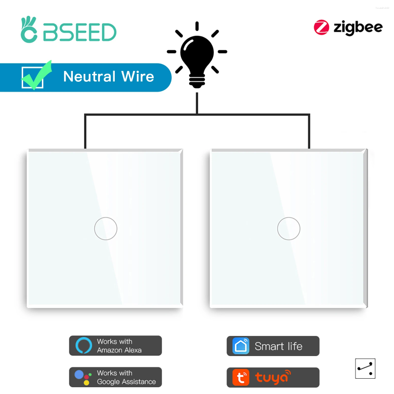 Smart Home Control Bseed Zigbee Switch Wall Light 1Gang 2way för trappupparbete med Tuya Alexa App Neutral Wire 2Pack