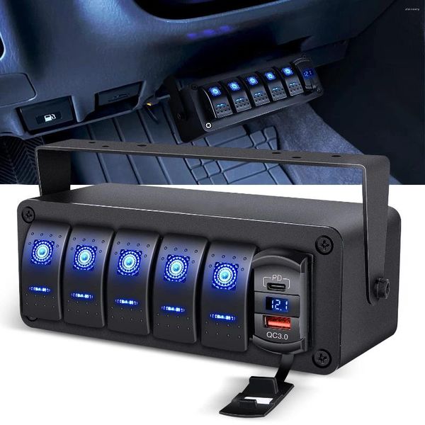 Control de hogar inteligente DaierTek 6 Gang Rocker Switch Box 12V SPST ON OFF PD Tipo C y QC 3.0 Cargador USB Voltímetro Panel de aluminio impermeable