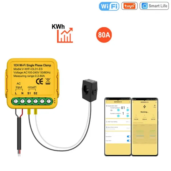 Compteur d'énergie WiFi Tuya, contrôle de maison intelligente, 80A, avec pince de transformateur de courant, moniteur de puissance KWh, statistiques d'électricité, 110V 230V, Alexa