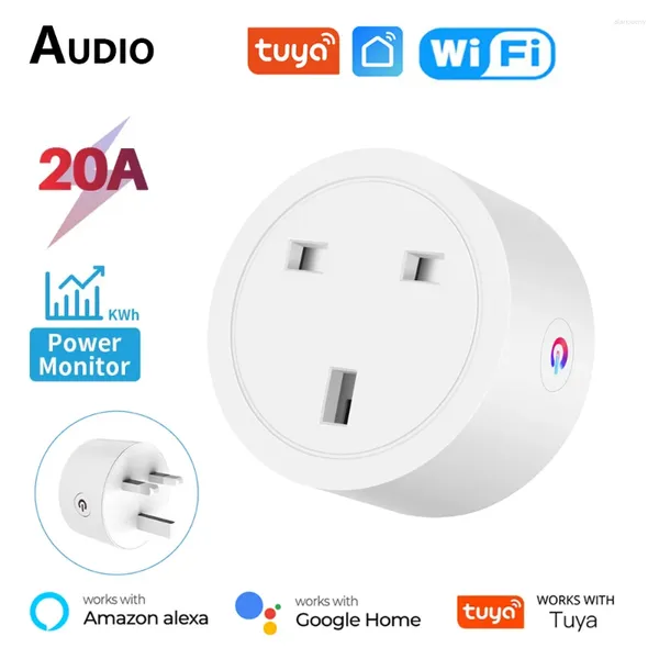 Control de hogar inteligente Tuya Wifi Plug 20A Reino Unido Mini zócalo Monitor de potencia Salida Temporización Voz Aplicación remota Funciona con Google Alexa