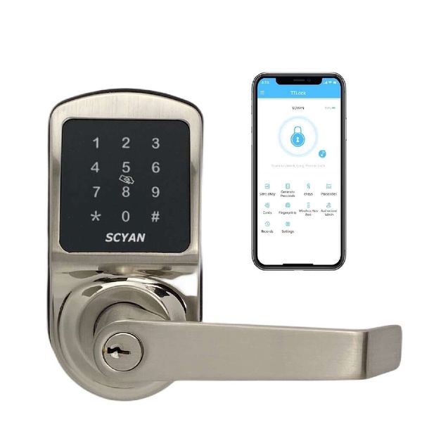 Smart Keyless Entry Door Scyan X2 Handle Lock, avec accès au clavier à écran tactile, verrouillage automatique, adapté aux familles, boîtier de location Airbnb, nickel en satin