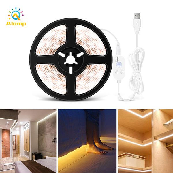 Smart LED Cabinet Light USB Powered Motion Sensor Strip Lights Sans fil 60LED s / M Escaliers Armoire Bed Side Dimmable Tape Lamp