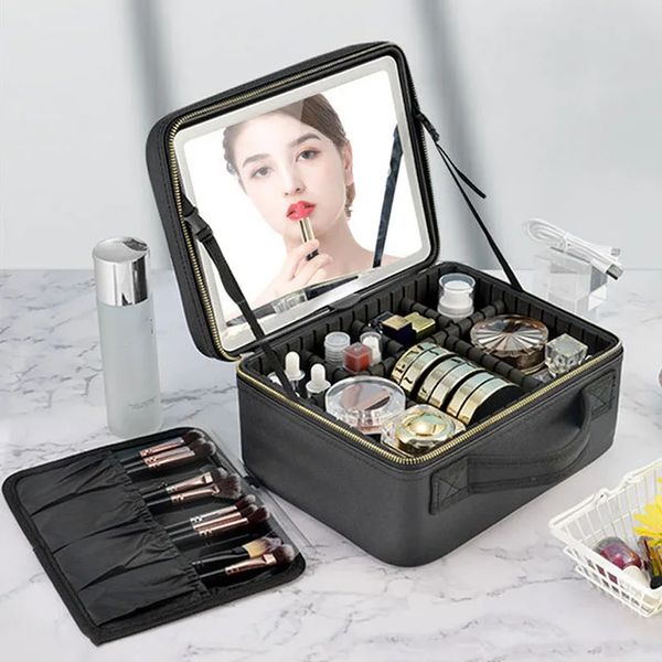 Trousse à cosmétiques LED intelligente avec miroir, sac de maquillage de voyage, grande capacité, esthéticienne, produit de soins de la peau pour femmes, 240227