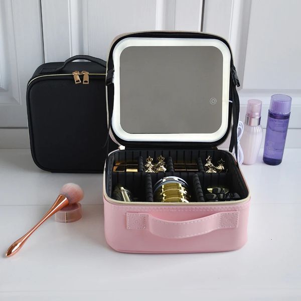 Trousse de maquillage LED intelligente pour femmes, avec compartiments miroir, étui à cosmétiques de voyage en cuir PU étanche 240328