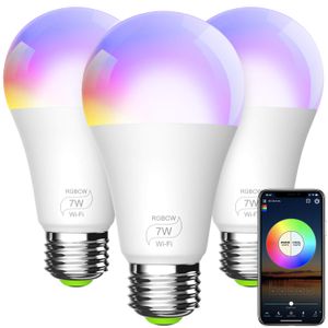 Bombilla inteligente, A19 E26 7W RGBCW WiFi luces LED multicolores regulables, compatible con Alexa, Google Home AC85-265V