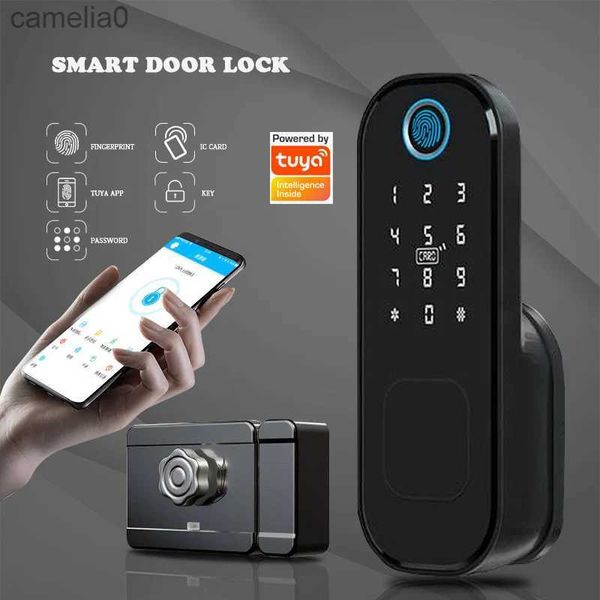 Serrure intelligente télécommande d'empreintes digitales porte extérieure serrure de porte électronique Bluetooth TUYA TTLock APP mot de passe carte IC sans clé serrure de porte intelligente L231116