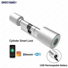 Smart Lock Serrure à cylindre intelligente Tuya 70mm électronique Bluetooth APP serrure biométrique à distance d'empreintes digitales antivol sécurité serrure de porte à la maison L231116