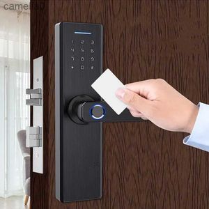 Smart Lock Serrure de porte électronique intelligente avec empreinte biométrique/carte/mot de passe/clé déverrouillage corps de serrure à double langue serrure Tuya TT en option L231116