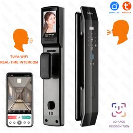 Smart Lock Tuya 3D Gezicht Real-time Intercom Slim Deurslot Beveiligingscamera Intelligent Vingerafdruk Wachtwoord Biometrische Elektronische Sleutel Ontgrendeling 231207