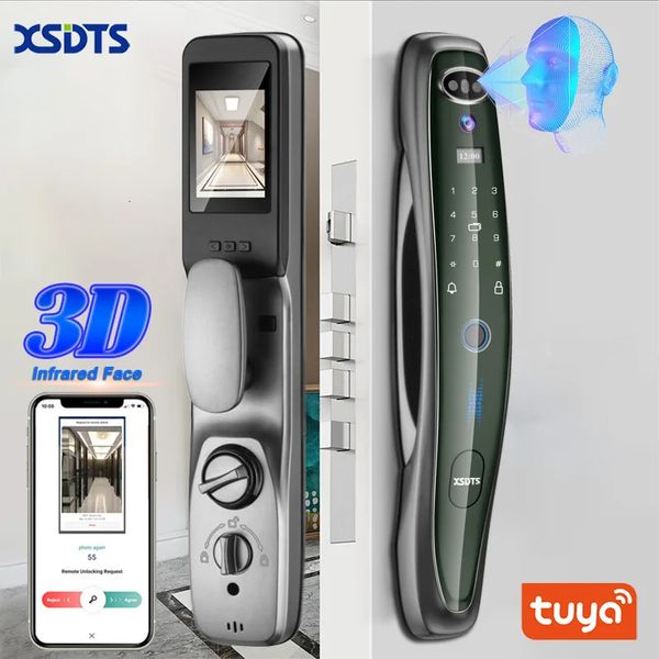 Smart Lock Tuya Smart 3D Face Door Lock Sécurité Face Caméra Moniteur Intelligent D'empreintes Digitales Mot De Passe Biométrique Clé Électronique Déverrouiller 231206