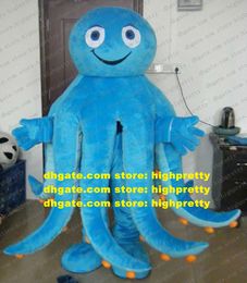 Costume de mascotte intelligente pieuvre bleue seiche poisson d'encre sépia Devilfish Octopoda avec bouche longue courbe mains bleues No.4655