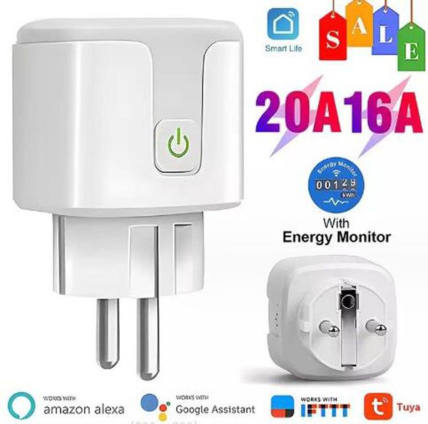 Smart Mini EE. UU. Reino Unido UE Wifi Enchufe con protector contra sobretensiones 110-230V Voz 10A 16A 20A Control Enchufe inteligente Trabajo Monitor de energía remoto con Alexa Google Home Tuya APP