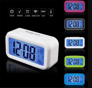Smart Mute-wekker LCD Smart Temperatuur Schattig Lichtgevoelig Nachtkastje Digitale alarmen Klokken Snooze Nachtlampje Kalender DHL FEDEX