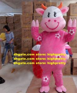 Smart Pink Beauty Cow Mascot Mascot Mascotte Bossy Heifer Die Kuh vee met kleine oranje hoorns Happy Face No.2721 Gratis schip