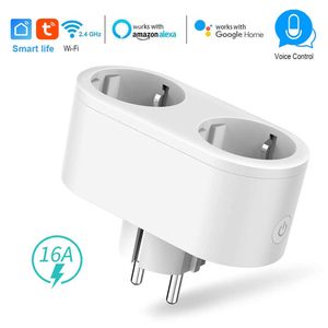 Smart Power Plugs 16A EU SMART WIFI Dual Plug Socket 2 In 1 Switch Automation App Remote Timing Voice Control Work voor Alexa Home Assistant HKD230727