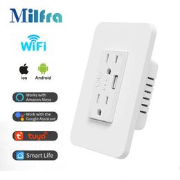 Smart Power Plugs 16A Tuya WiFi Smart Wall Socket Double US Plug -uitlaat met USB -oplaadpoort op Off Remote Control Work met Alexa Home HKD230727