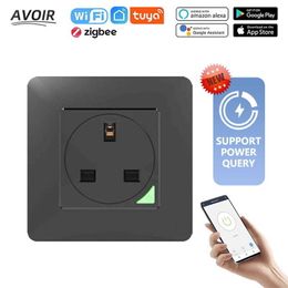 Smart Power Plugs Avoir Zigbee Smart Power Socket With Timer UK Standard plug Black PC Panneau Tuya WiFi Connect Vocal Control Work With Home HKD230727