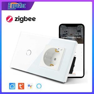 Enchufes de alimentación inteligentes BINGOELEC Smart ZigBee Touch Switch Enchufe ZigBee estándar de la UE Negro Blanco Gris Panel de vidrio 1/2/3 Gang 1 Way Interruptores de luz de pared HKD230727
