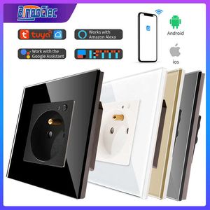 Smart Power Plugs Bingoelec WiFi Smart Wall Sockets France Polen Standaard kristallen glaspaneel Smart elektrische stopcontacten werken met Tuya Home HKD230727