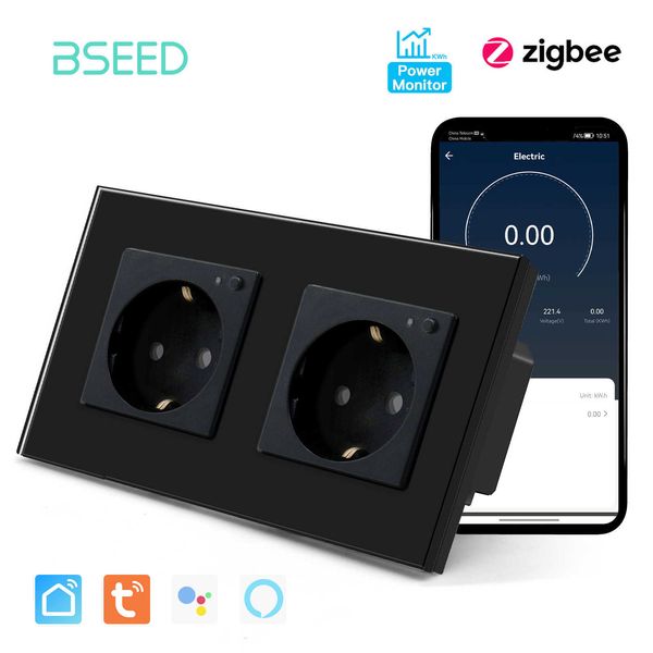 Smart Power Pild Bseed EU Tuya Zigbee Polture Smart Mur Warket Power Monitor Glass Bleu Brey Break Light 220V Alexa Assistant Vocation Control HKD230727