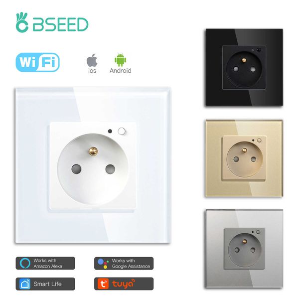 Enchufes de alimentación inteligentes Bseed Wifi Enchufe de pared Francia Panel de cristal estándar Los enchufes inteligentes funcionan con Tuya Google Home Alexa Timer APP HKD230727